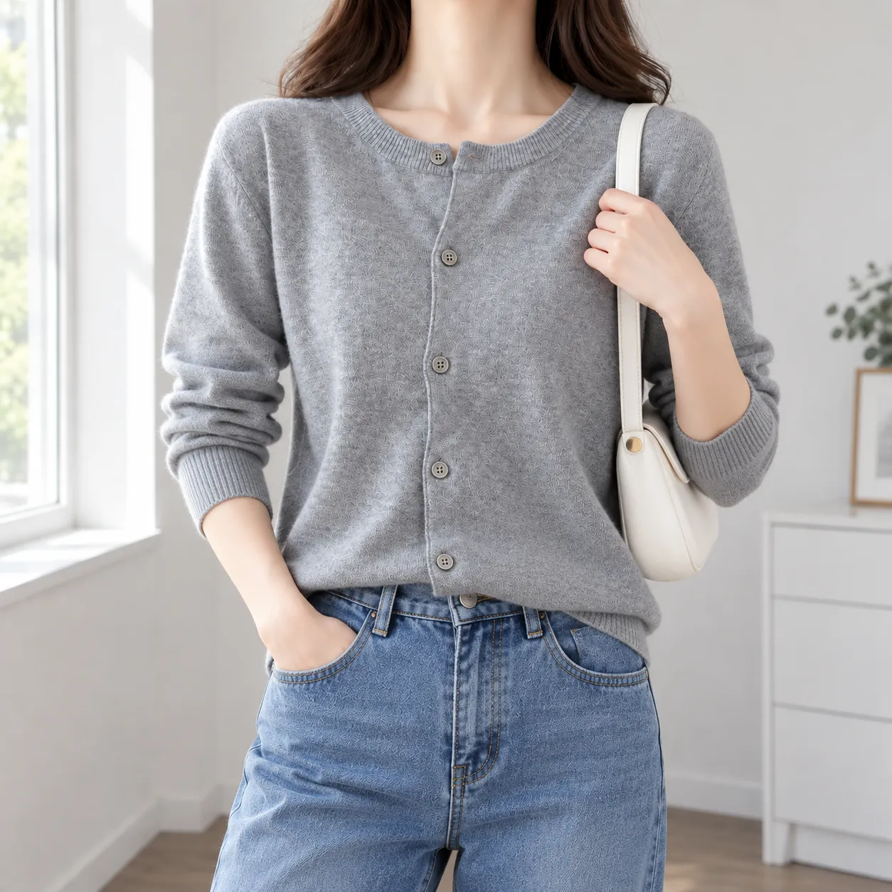 Rose medium-grey cardigan - use view; styling accessories excluded