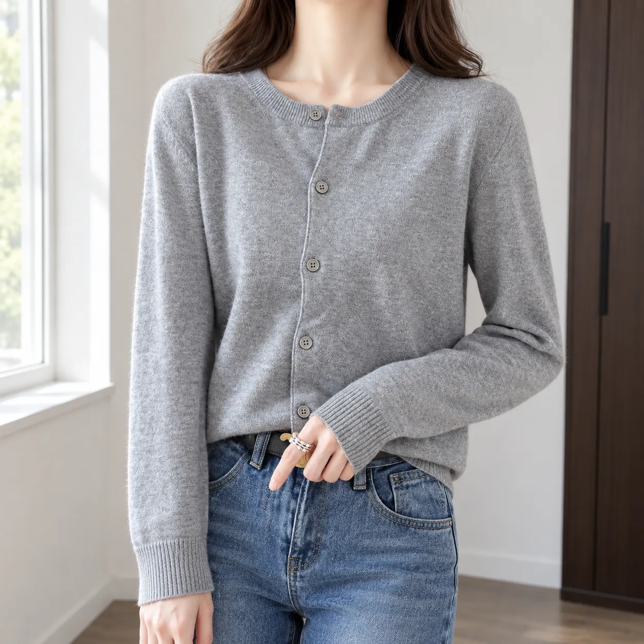 Rose medium-grey cardigan - lead view; styling accessories excluded
