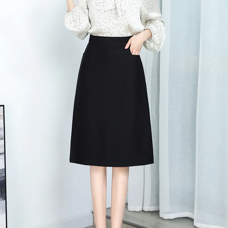 Black A-line skirt with two pockets, shown from the front without a face