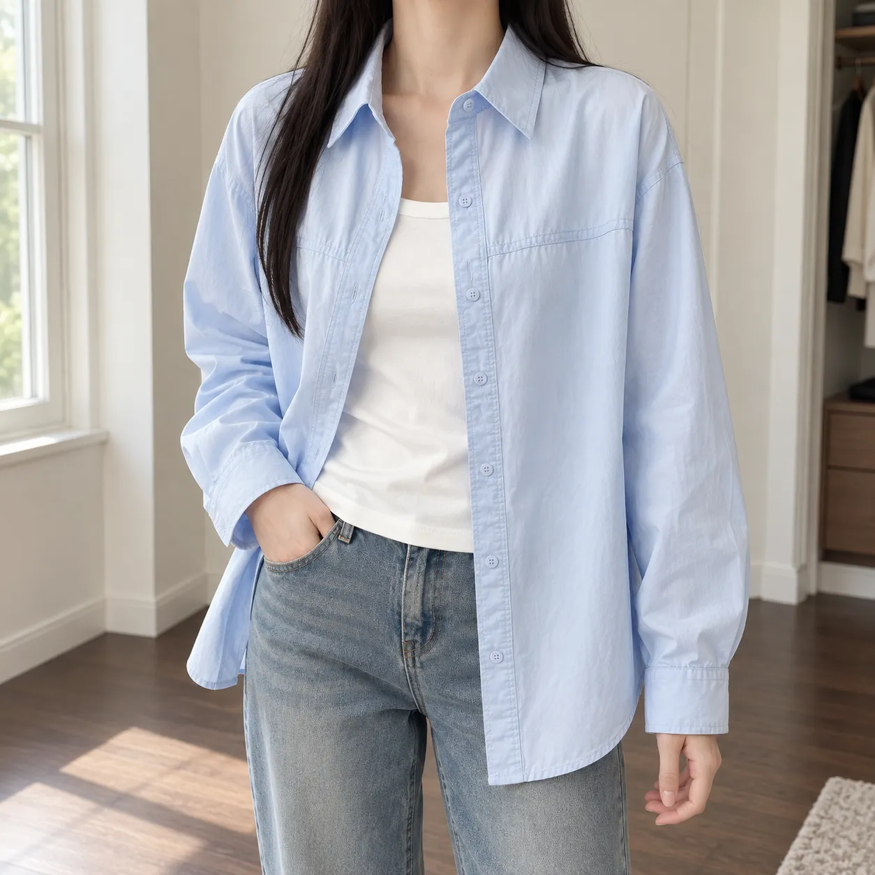 Sky-blue shirt with a pointed collar and horizontal yoke seam, worn over a separate white top. Model cropped below the face.